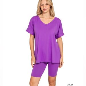 SS25 PLUS—(9 COLORS) Zenana BRUSHED DTY MICROFIBER V-NECK TOP & BIKER SHORTS